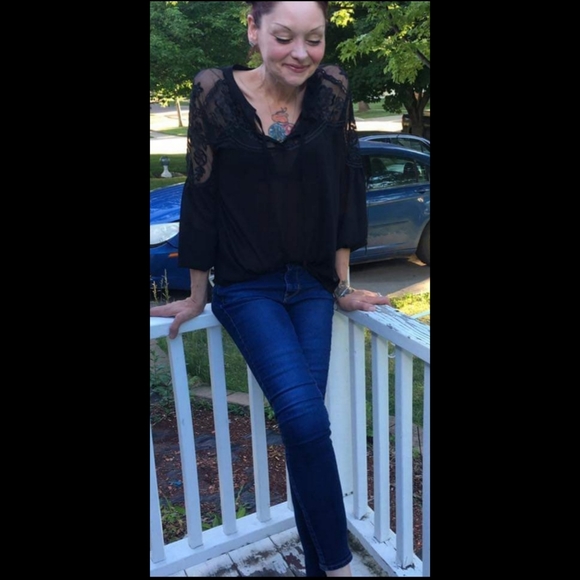 5⭐Black boho floral lace embroidered chiffon top - Picture 5 of 5